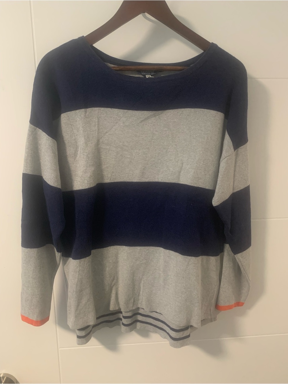 Joules Navy and Gray Wide-Stripe Crew Sweater with Orange Accent A16
